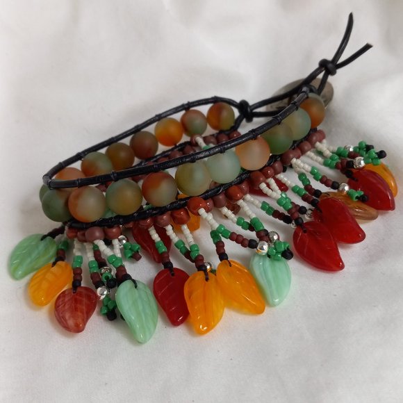 Woven Bracelet with Green and Orange Agate, Leaves on Fringe, Silver Button - Picture 6 of 8